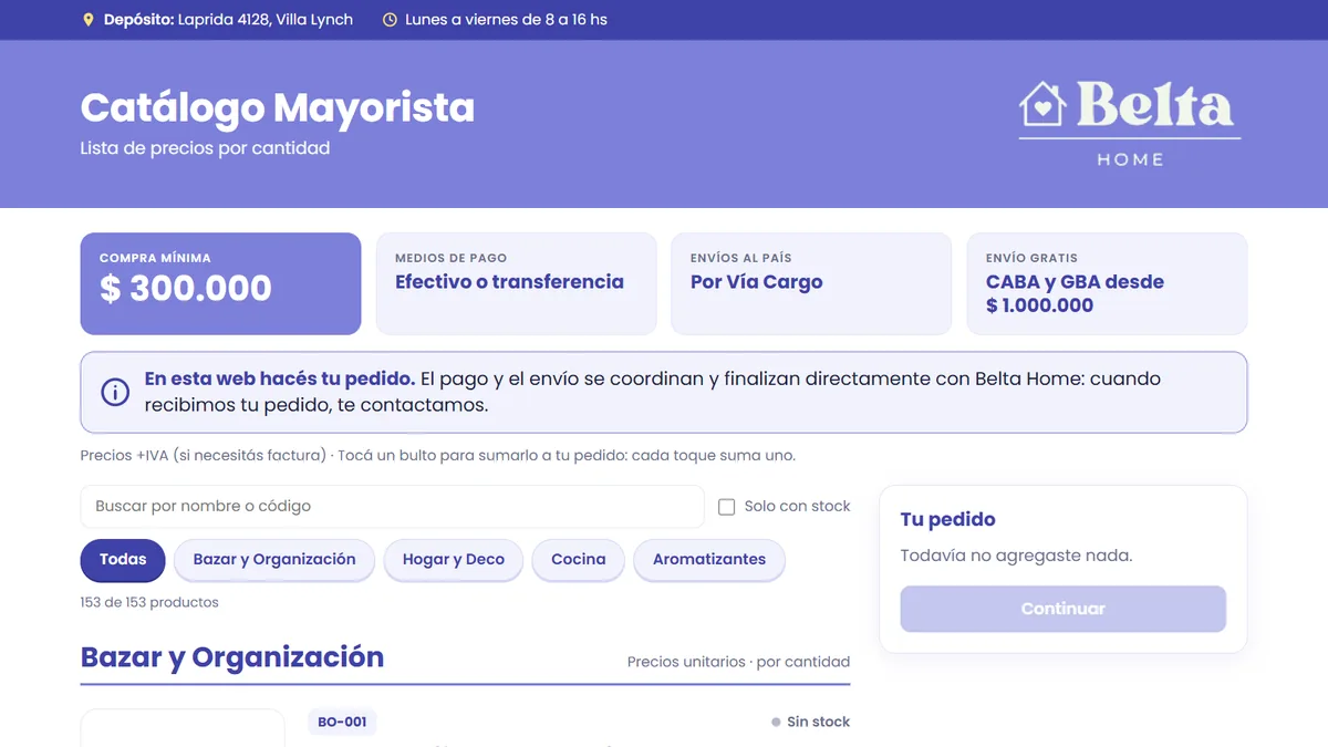 Portada del sitio de Belta Mayorista